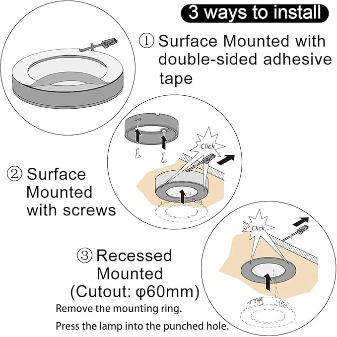VST Under Cabinet Lights Plug in with Wired Touch Dimmer Switch,Recessed or Surface Mount,Natural White 3000K 12V 2W(12W Total, 60W Equivalent),6 Pack White Puck Lights Fixtures