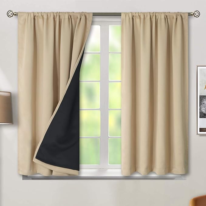 BGment Thermal Insulated 100% Blackout Curtains for Bedroom with Black Liner, Double Layer Full Room Darkening Noise Reducing Rod Pocket Curtain (52 x 45 Inch, Beige, 2 Panels)