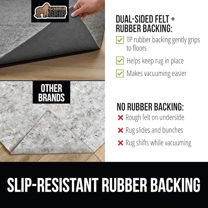 GORILLA GRIP Felt and Natural Rubber Stay in Place Slip Resistant Rug Pad, 1/8in Thick, 3x5 FT Protective Padding Under Area Rugs, Cushioned Gripper Pads, Carpet Runners, Hardwood Floors Protection