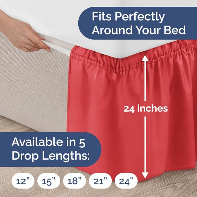 Wrap Around Dust Ruffle Bed Skirt - Red - for Queen Size Beds with 24 Inch Drop - Easy Fit Elastic Strap - Adjustable Pleated Bedskirt w/Brushed Fabric - Wrinkle Free - for Women, Men, Kids & Teens