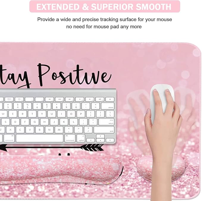 Keyboard Mouse Pad Set, Extended Mouse Pad+Keyboard Wrist Rest Support, Memory Foam Ergonomic Easy Typing, 3Pcs (35.4×15.7 in) Desk Pad Set for Home Office Study Game - Pink Stay Positive