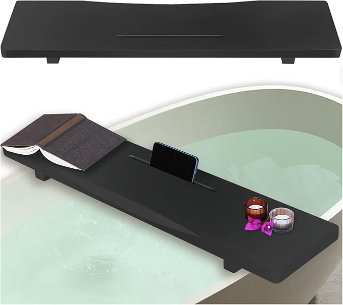 Stylish Black Bamboo Bathtub Tray Caddy with Adjustable Legs, Minimalistic Design Bath Tray for Tub, Bathtub Accessories, Fits Most Free Standing Bath Tubs, Idea for Women