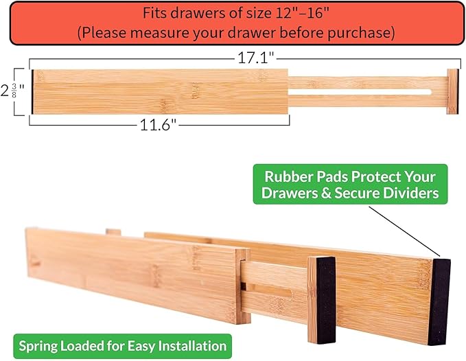 Adjustable Bamboo Drawer Dividers Organizers Expandable (12-16") Kitchen Drawer Organizer Spring Loaded for Kitchen, Dresser, Bathroom, Bedroom, Desk 6-pack Small