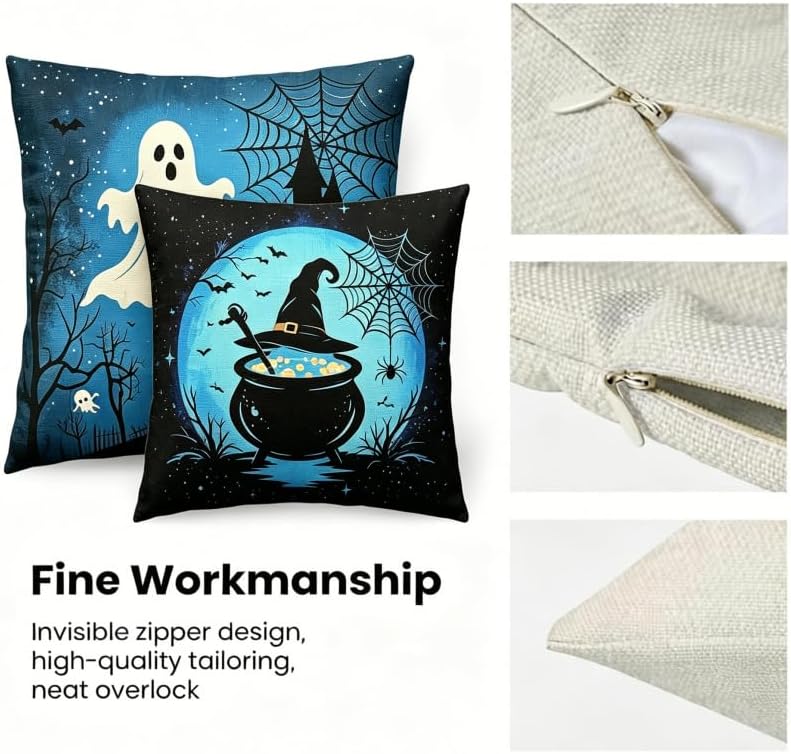 Halloween Throw Pillow Covers, Ghost and Witch Cauldron Design, 18x18 Inch - Image 2