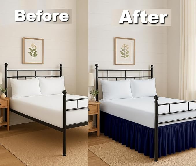 Ruffled Bed Skirt Split Corners with Platform, Tailored Fit Hotel Quality Wrinkle Free Ultra-Soft Microfiber Dust Ruffle, Upto 24 Inch Drop, King, Navy Blue