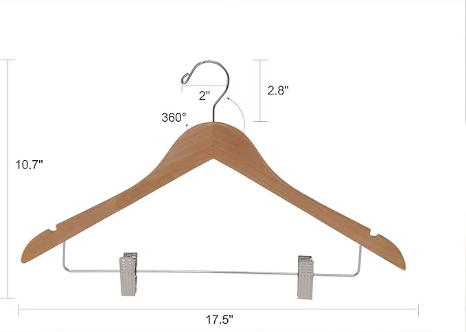 Quality Wooden Skirt Hangers with Clips 80-Pack Natural Pants Hangers with Adjustable Chrome Metal Clips, Swivel Hook, Coat, Jacket, Blouse Suit Hangers (Natural, 80)