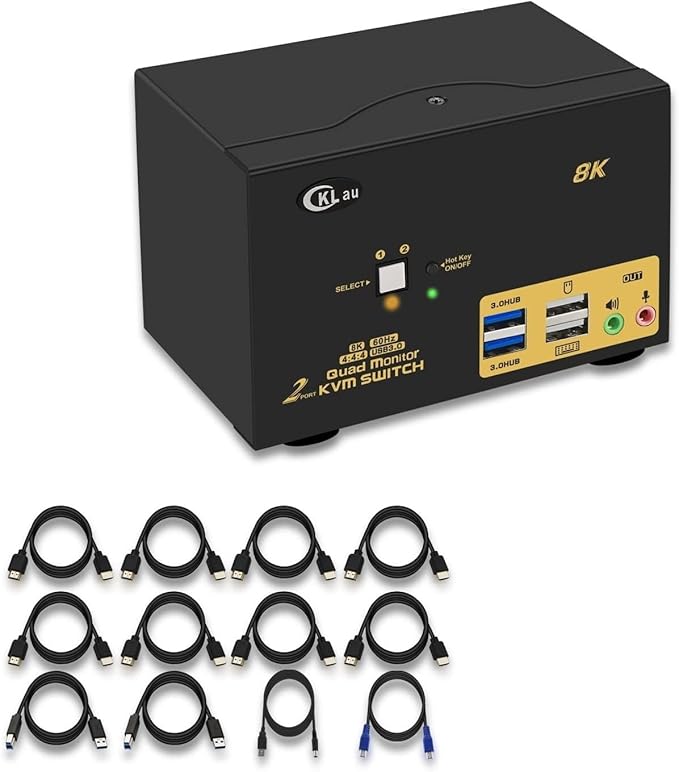 CKLau 2 Port USB 3.0 Quad Monitor KVM Switch HDMI 2.1 8K@60Hz 4K@144Hz with Audio Output and All Input Cable, 2 PCs 4 Monitors Video Keyboard Mouse Peripheral Sharing Switcher
