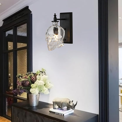 Industrial Retro Mini Clear Glass Skull Wall Sconces Black Metal Finish with Clear Glass Wall Lamp for Bedside E14 Wall Light