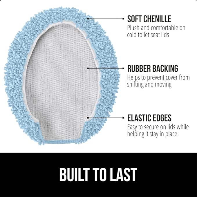 GORILLA GRIP Soft Chenille Bathroom Toilet Lid Cover, Machine Washable Seat Covers, 19.5x18.5, Stays in Place Rubber Backing, Fits Most Round, Elongated and Oblong Lids, Accessories Decor, Light Blue