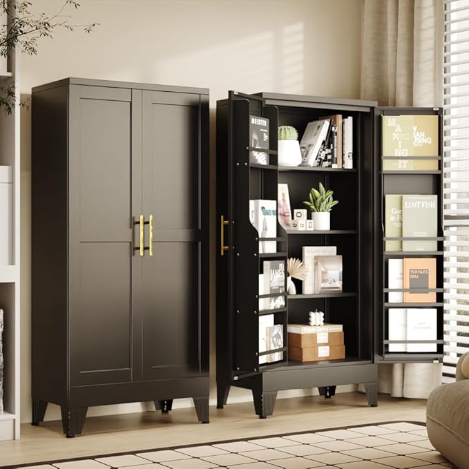 47" Kitchen Pantry Cabinet, Metal Storage Cabinet with 3 Adjustable Layer Shelves, 8 Door Shelves, Buffet Sideboard for Living Room, Kitchen, Black