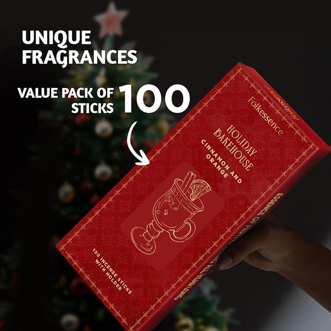 Folkulture Christmas Incense Sticks | Set of 120 Insence-Sticks with Holder for Relaxation |Cinnamon & Orange Incense| Organic, Slow Burning & Non Toxic Inscents | Luxe Fragrances - Gifts for Her