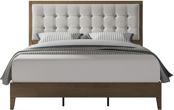 Jocisland Wood Queen Size Bed Frame,Tall Upholstered Tufted Headboard, Solid Wood Platform, No Box Spring Needed, Ash Gray