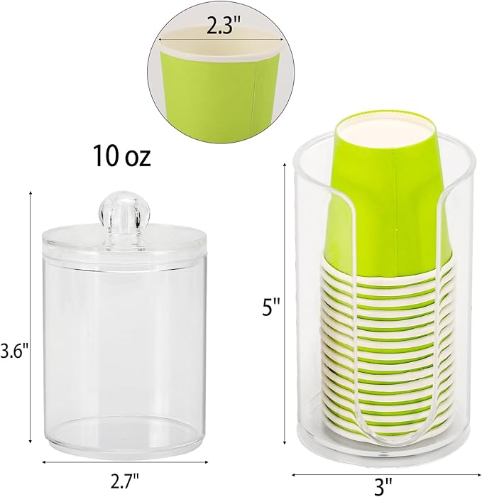 LoveBB 3oz-5oz Bathroom Cup Dispenser with 10oz Qtip Holder Dispenser, Small Disposable Paper Cup Holder Bathroom Accessories for Rinsing/Mouthwash Cups, Clear