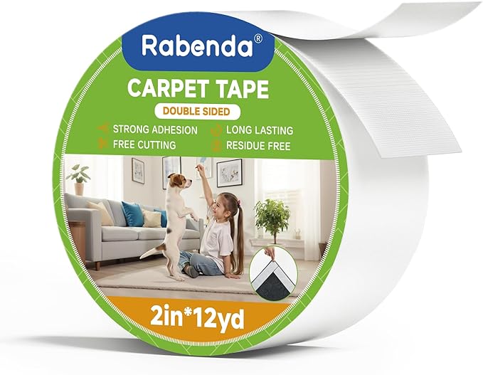 Rabenda Double Sided Carpet Tape - 2 Inch x 12 Yards Removable Rug Tape for Hardwood Floors, Tile & Laminate - No Residue Strong Hold Anti Slip Gripper for Area Rugs, Mats & Carpets