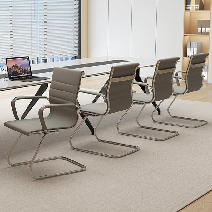 Wahson Office Guest Chairs Set of 4, Leather Reception Chairs, Mid Back Waiting Room Chair, Conference Chairs with Sled Base, Desk Chair No Wheels for Meeting/Lobby/Restroom, Grey