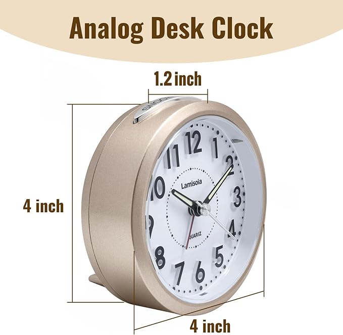 Small Alarm Clocks for Bedrooms, 4 Inch Analog Battery Desk Clock, Retro Clock for Bedroom Decoration, Slient, Large Display for Seniors, Loud Alarm Clock for Heavy Sleepers, Champagne Gold