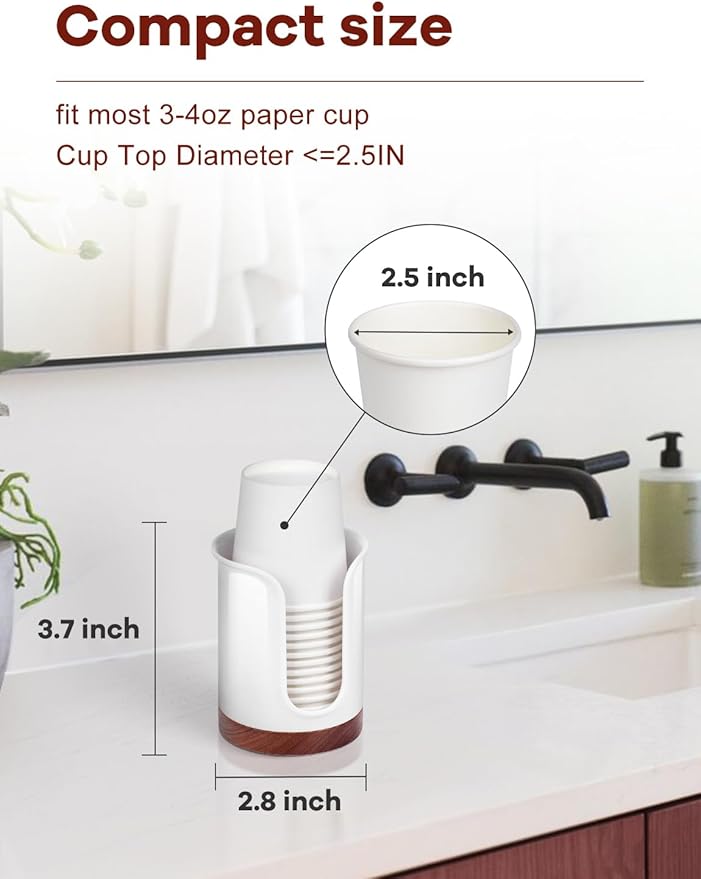 Premium Bathroom Cup Dispenser - Compact Cup Holder for Dixie 3 oz Cups, 3 4 Ounce Mouthwash Cup Dispenser - PC/Walnut, White, Pack of 2