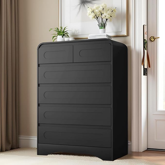 3 Piece Bedroom Set, Dresser and Nightstand Sets for Bedroom, Wood 6 Drawer Dresser & Night Stand Set of 2, Tall Chest of Drawers Modern Storage Cabinet Bedroom Furniture Set, Black