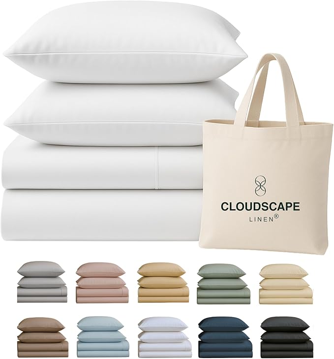 Cloud Scape Linen 100% Egyptian Cotton California King Sheet Set, 400 Thread Count,4 Pieces Luxury Bedding Set, Hotel Quality, Silky Soft, Breathable and Durable, Deep Pockets up to 17, White