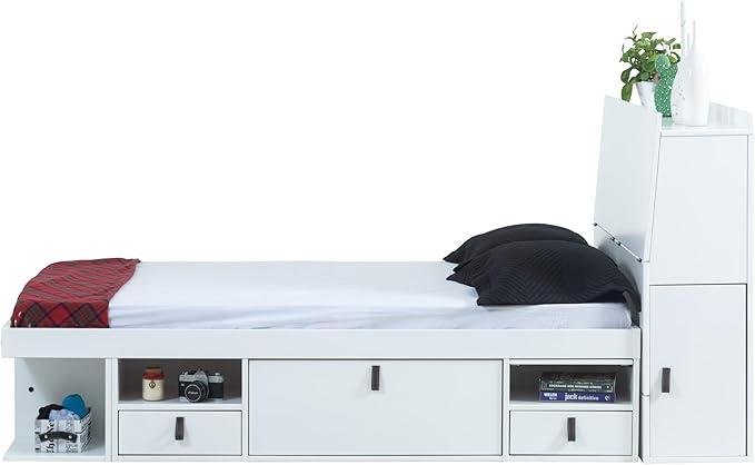 memomad Bali Set: Storage Platform Bed with Drawers + Bookcase Headboard (Full Size, White Wood)