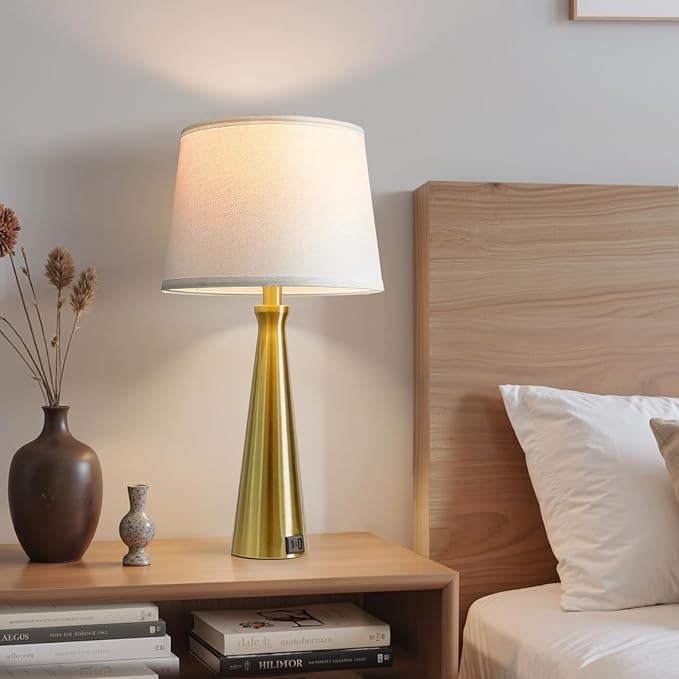Seealle Modern Table Lamps Set of 2 - Touch Bedside Lamp for Nightstand with Dual USB C+A,3-Way Dimmable Coppery Nightstand Lamps for Living Room Bedroom End Table with White Shade(Bulb Included)
