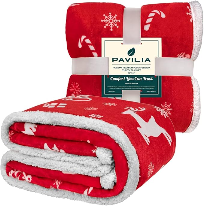 PAVILIA Red Reindeer Christmas Sherpa Throw Blanket, Ultra Soft Reversible Fleece Sherpa 50x60 Winter Blanket for Couch & Bed, Cozy Christmas Home Decor Holiday