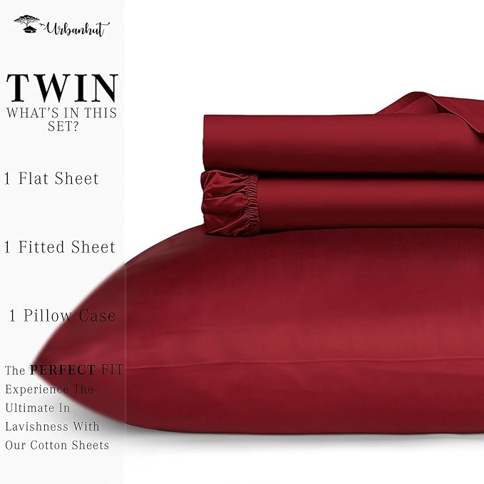 URBANHUT 800 Thread Count 100% Cotton Twin Size Sheets, Luxury 4 Piece Twin Bedsheets, Hotel Sheets Sateen Finish - Better Than Egyptian, 14" Elasticized Deep Pocket - Burgundy