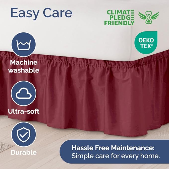 Wrap Around Dust Ruffle Bed Skirt - Burgundy - Twin/Twin XL Size Beds with 12 Inch Drop - Easy Fit Elastic - Adjustable Pleated Bedskirt w/Brushed Fabric Wrinkle Free - Women, Men, Kids & Teens