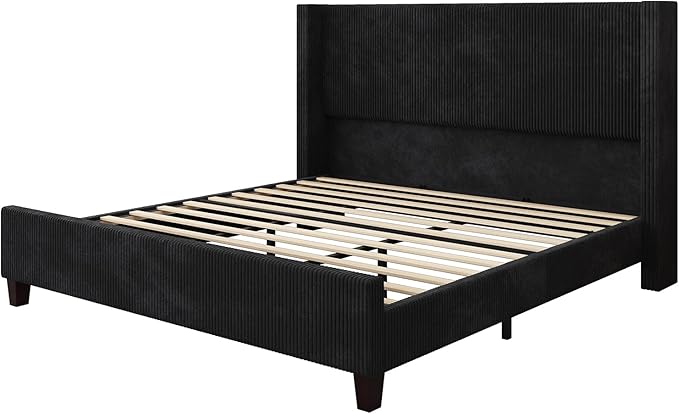 AMERLIFE King Size Upholstered Bed Frame with 50.8" Tall Headboard, Wingback Platform Bed with Solid Wood Legs, Wooden Slats, Corduroy/No Box Spring Needed/Noise Free/Black