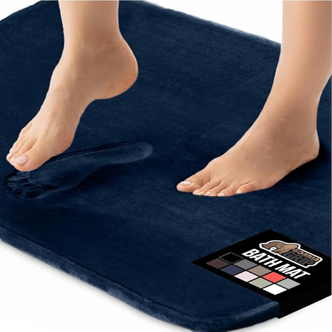 GORILLA GRIP Memory Foam Bath Rugs, Soft Absorbent Velvet Bathroom Mats, Durable Dots on Underside, Machine Washable Bathmat, Carpet Rug Room Decor for Shower Floor, 24x17 Mat, Navy Blue