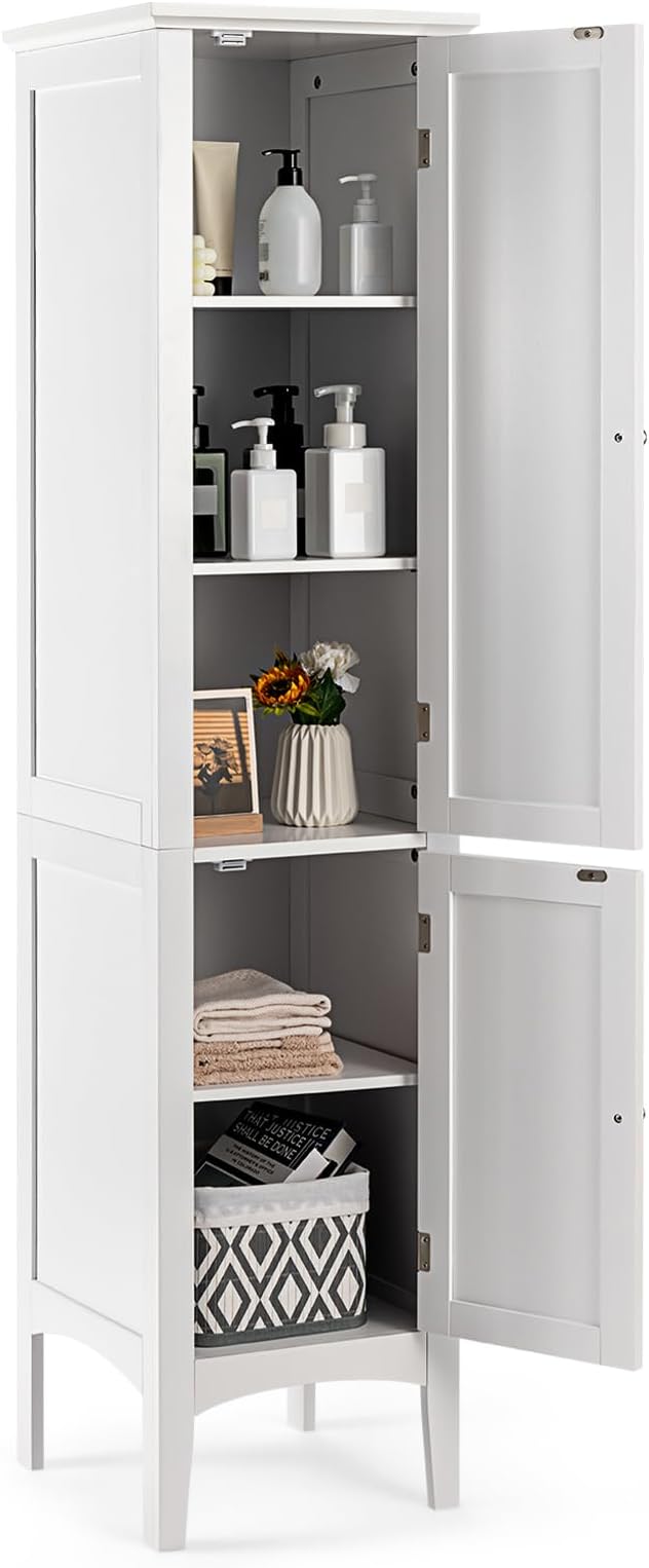 COSTWAY Tall Bathroom Storage Cabinet, 5-Tier Freestanding Linen Tower Cabinet with 2 Doors, Wooden Side Storage Organizer, Narrow Slim Floor Cabinet for Bathroom, Living Room, Kitchen (White)