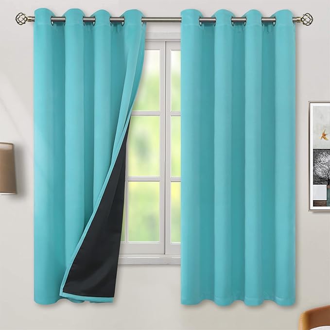 BGment Thermal Insulated 100% Blackout Curtains for Bedroom with Black Liner, Double Layer Full Room Darkening Noise Reducing Grommet Curtain (52 x 63 Inch, Aqua, 2 Panels)