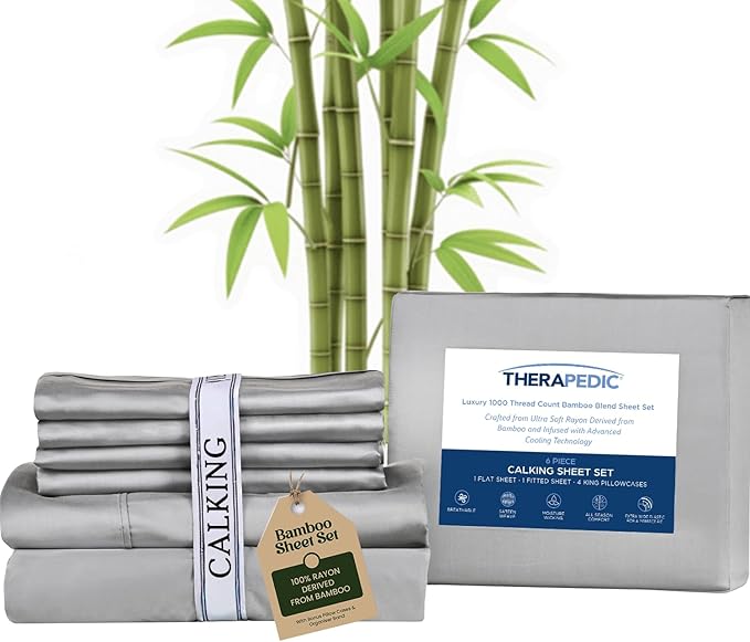 Therapedic 1000TC California King 6-Piece Sheet Set - 100% Organic Rayon Dervied from Bamboo Blend with Cooling Fiber,Ideal for Hot Sleepers - 16" Deep Pocket Fitted Sheet,Bonus Pillowcases-Dark Grey