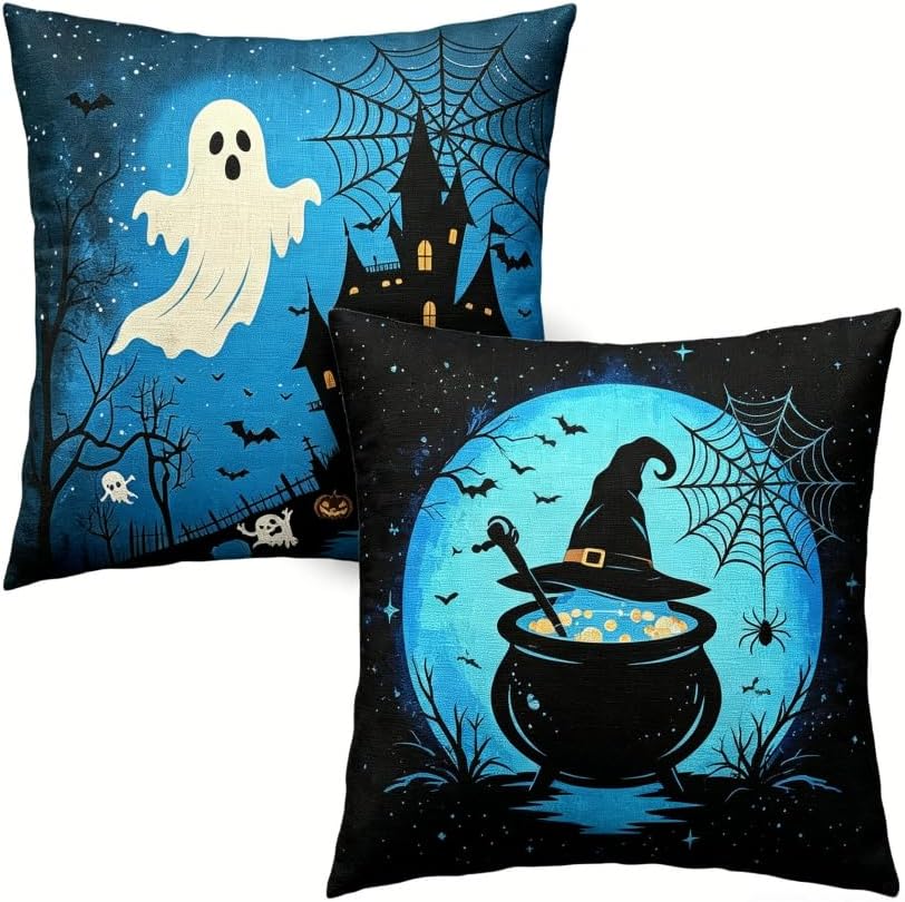 Halloween Throw Pillow Covers, Ghost and Witch Cauldron Design, 18x18 Inch by Unknown