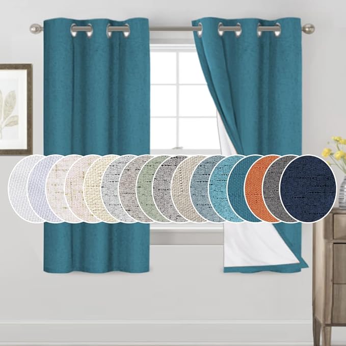 PrinceDeco 100% Blackout Curtains 64 inch Long 2 Panels Set Linen Blackout Curtains for Bedroom Thermal Insulated Drapes with White Liner Privacy Protection,42 X 64 in,Blue Sapphire