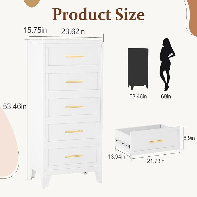 Metal Narrow Dressers & Chest of Drawers, White Tall Dresser for Bedroom, 5 Drawer Dresser with Curved Corner, Bedroom Dressers with Drawers, Storage Cabinet (White, 24" W)