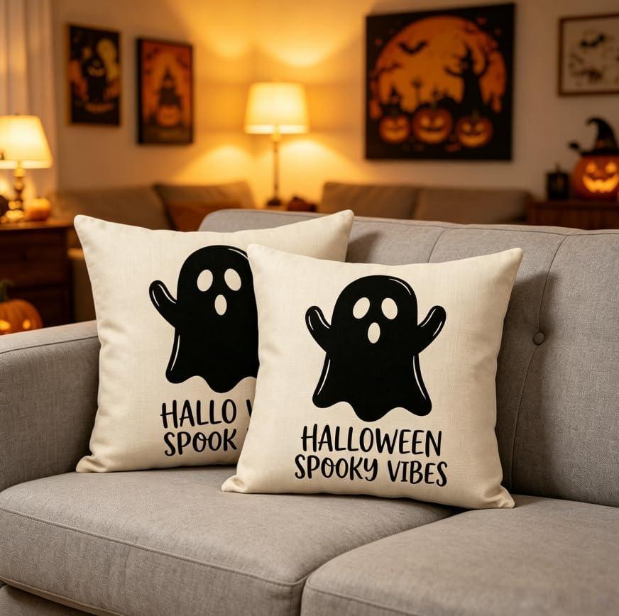 Halloween Ghost Throw Pillow Covers, 18x18 Inch, Spooky Vibes Design, Machine - Image 4