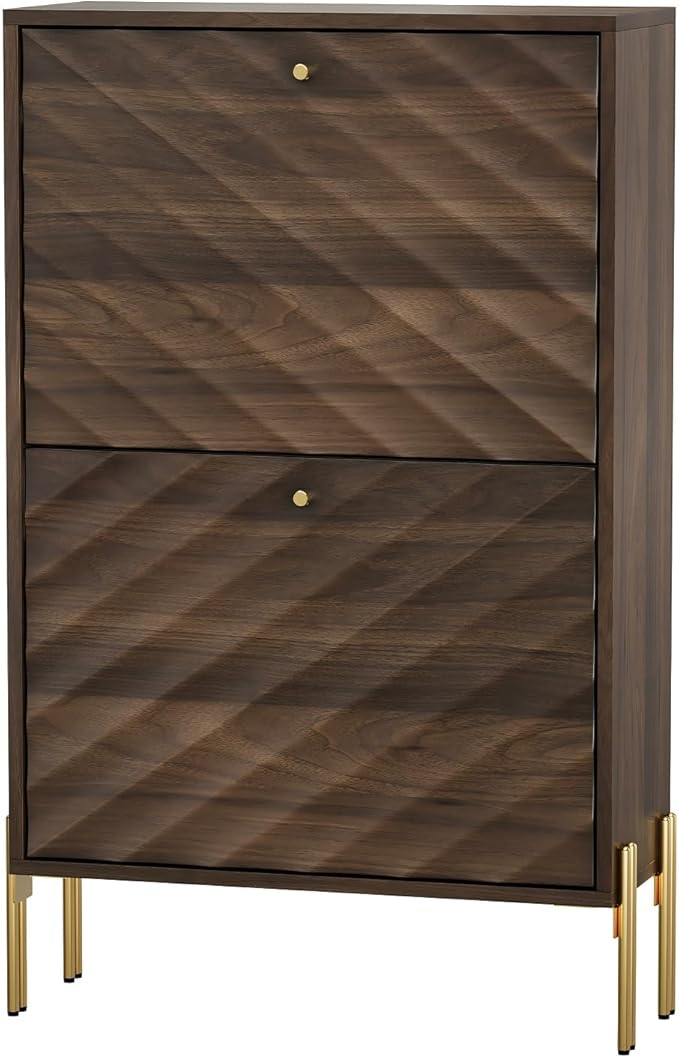 Shoe Storage Cabinet with Textured Diagonal Lines Doors 2 Flip Drawers, Walnut Narrow Shoe Cabinet Storage for Entryway, Freestanding Shoe Organizer Cabinet, Slim Shoe Rack Cabinet