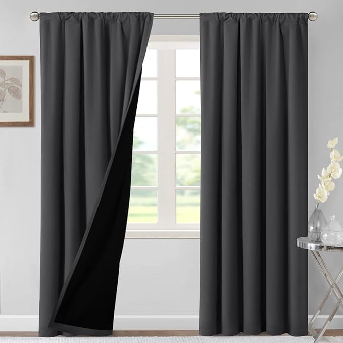 H.VERSAILTEX 100% Blackout Curtains for Bedroom Thermal Insulated Curtains & Drapes Blackout Curtains 84 Inches Long Rod Pocket Curtains for Living Room with Black Liner 2 Panels Set, Charcoal Gray