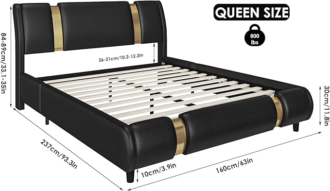 TTVIEW Modern Faux Leather Upholstered Platform Bed Frame with Golden Iron Metal Decor, Adjustable Curved Headboard, Wooden Slats Support, No Box Spring Needed, Queen Size, Black