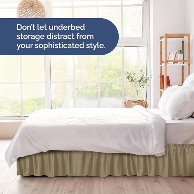 Wrap Around Dust Ruffle Bed Skirt - Khaki - Twin/Twin XL Size Beds w/ 15 Inch Drop - Easy Fit Elastic Strap - Adjustable Pleated Bedskirt w/Brushed Fabric - Wrinkle Free - Women, Men, Kids & Teens