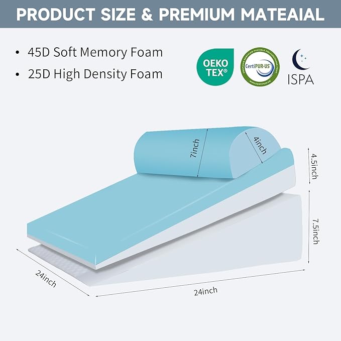 Bed Wedge Pillow for Sleeping, 3 Pcs Adjustable Height 4.5&7.5&12 Inch Triangle Pillow Wedge for Post Surgery, Acid Reflux, Snoring, Legs Pain Relief (Gray)