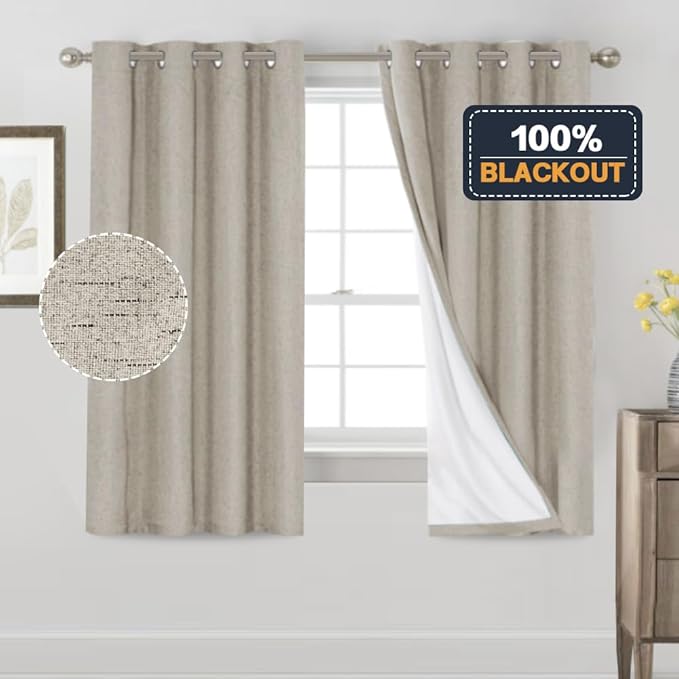 PrinceDeco 100% Black Out Curtains 63 Inch Length,Thermal Insulated Short Textured Grommets Curtains 2 Panels Set,Noise Reducing Window Treatment with White Liner, 52" W x 63" L,Stone