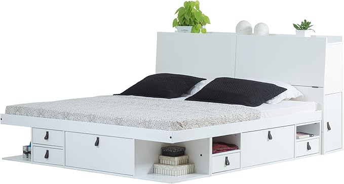 memomad Bali Set: Storage Platform Bed with Drawers + Bookcase Headboard (King Size, White Wood)