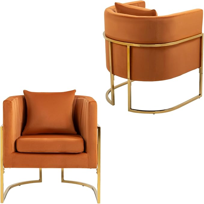 Velvet Modern Accent Chairs Set of 2, Upholstered Barrel Armchair Mid Century with Pillow for Living Room, Comfy Single Vanity Chair with Metal Gold Legs for Bedroom, Orange