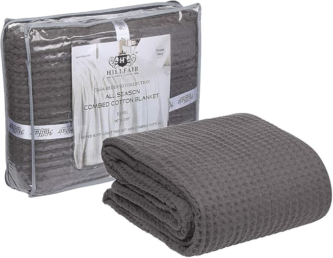 HILLFAIR 100% Combed Cotton Blanket– Queen Size Bed Blanket– Warm Soft All Season Breathable Lightweight Summer Blankets– Waffle Weave Home Decor Bed Blanket- Grey Queen Bed Cotton Blankets/Bedcover