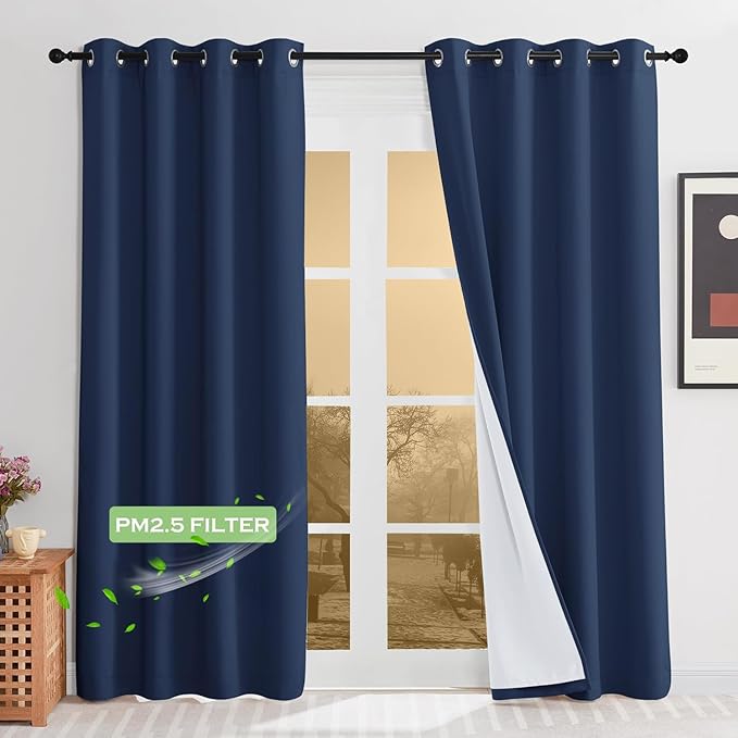 KGORGE Anti Dust Soundproof 100% Blackout Curtains 4 Layers Heavy Duty Energy Efficiency Window Curtains for Living Room Baby Bedroom Home Office Studio, Wide 52 x Long 95 inches, Navy Blue, 2 Panels