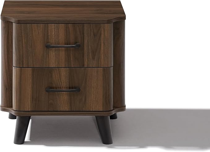 LuxenHome Mid Century Modern Nightstand, 20" Walnut Night Stand with Curved Edge, Dark Brown Nightstand with Drawers, Boho Bed Side Tables Bedroom, Storage Side Table, End Tables Living Room, 1PC