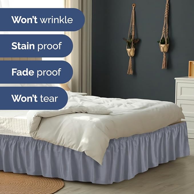 Wrap Around Dust Ruffle Bed Skirt - Steel Blue - for Full Size Beds w/ 12 Inch Drop - Easy Fit Elastic Strap - Adjustable Pleated Bedskirt w/Brushed Fabric - Wrinkle Free, Women, Men, Kids & Teens