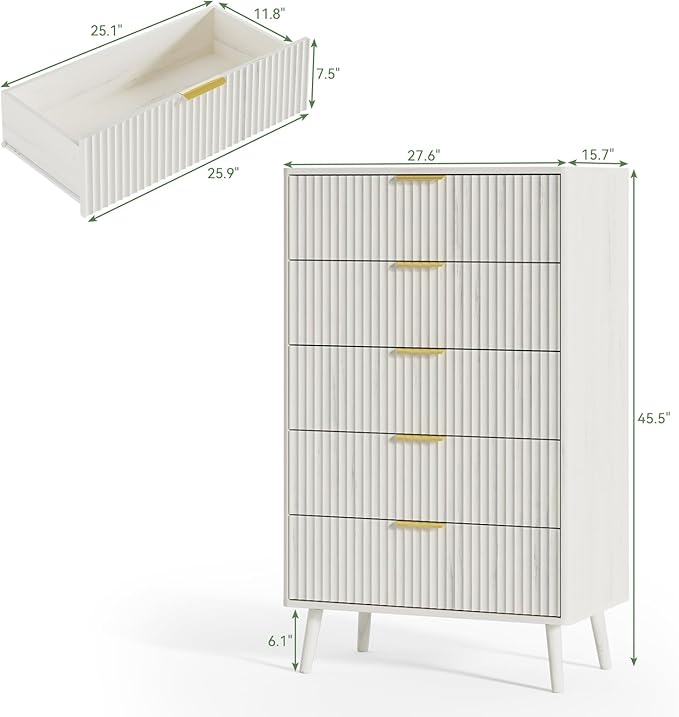 LYNSOM Fluted 5 Drawers Dresser, 45" Tall Modern Chest of Drawers with Curved Profile Design and Metal Handle, Wood Drawer Organizer for Bedroom, Living Room, Hallway, Entryway, White